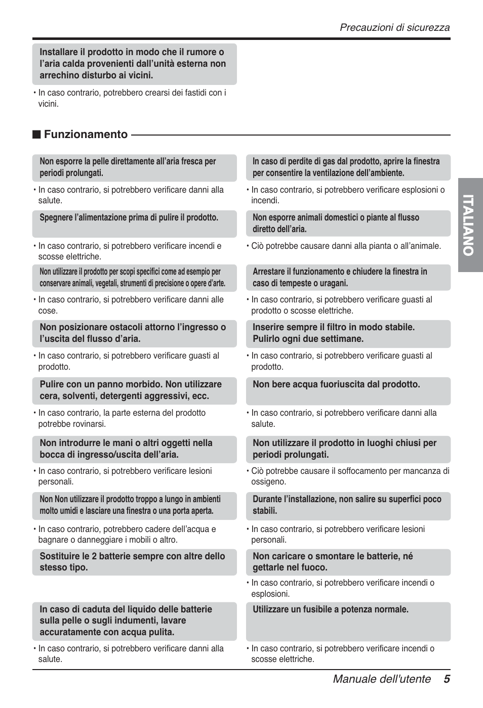 Italiano, Manuale dell'utente 5, N funzionamento | LG FM15AH-UL3 User Manual | Page 33 / 147