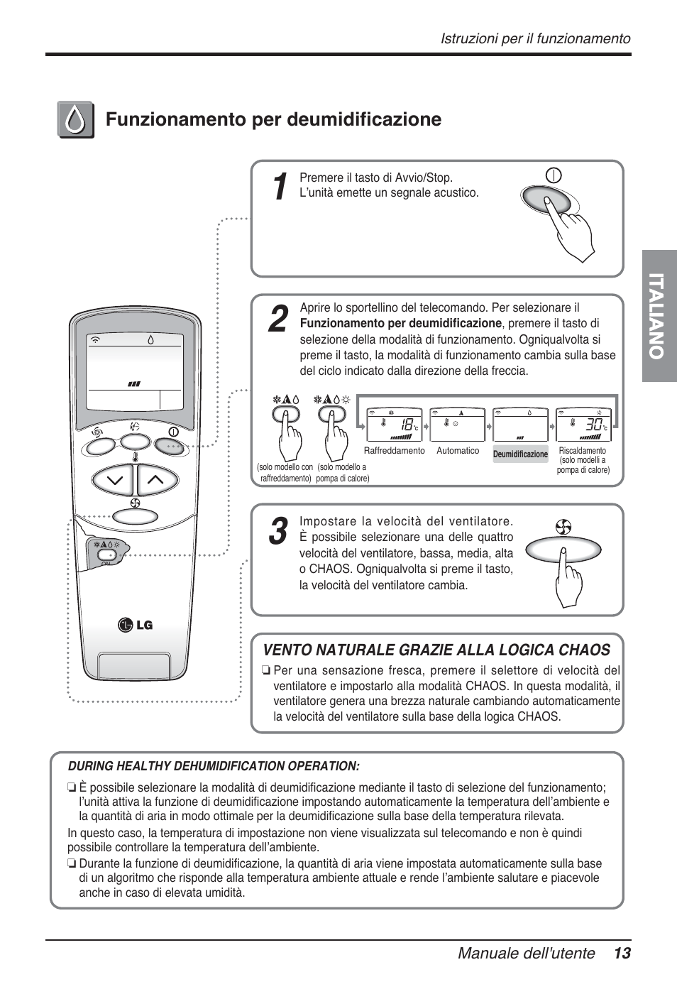 Italiano, Funzionamento per deumidificazione | LG FM15AH-UL3 User Manual | Page 41 / 147