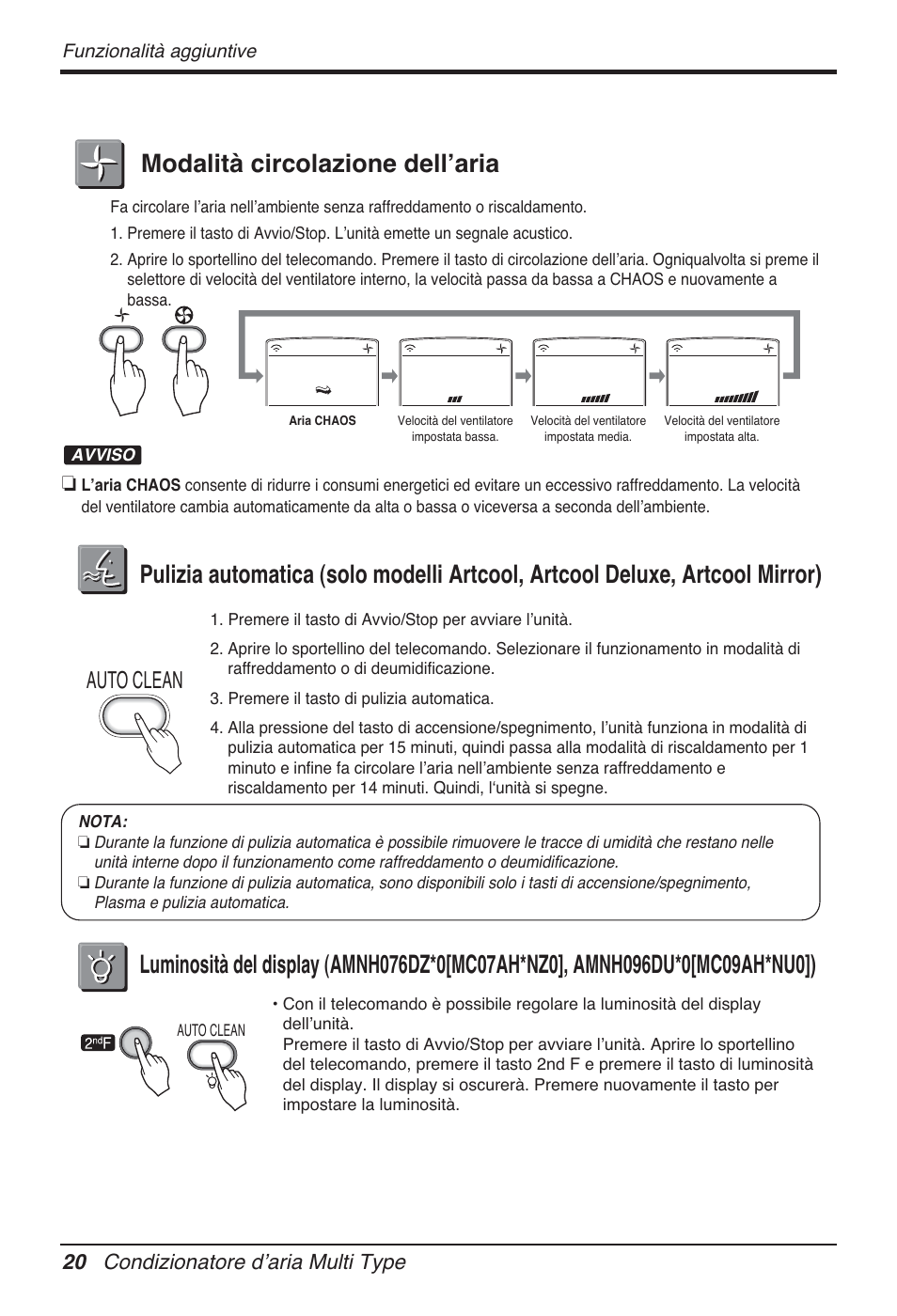 Modalità circolazione dellʼaria, Auto clean, 20 condizionatore dʼaria multi type | LG FM15AH-UL3 User Manual | Page 48 / 147