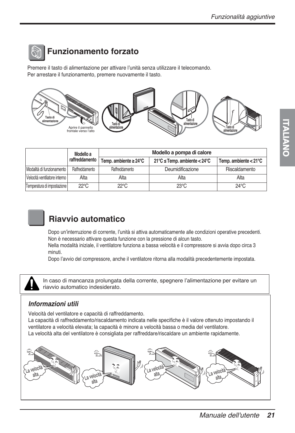 Italiano, Funzionamento forzato riavvio automatico, Manuale dell'utente 21 | Informazioni utili, Funzionalità aggiuntive | LG FM15AH-UL3 User Manual | Page 49 / 147