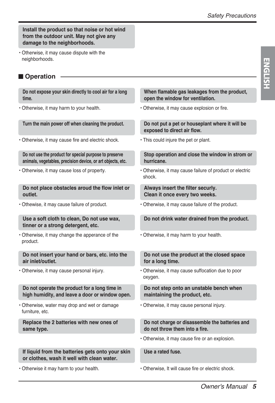 English, Owner's manual 5, N operation | LG FM15AH-UL3 User Manual | Page 5 / 147