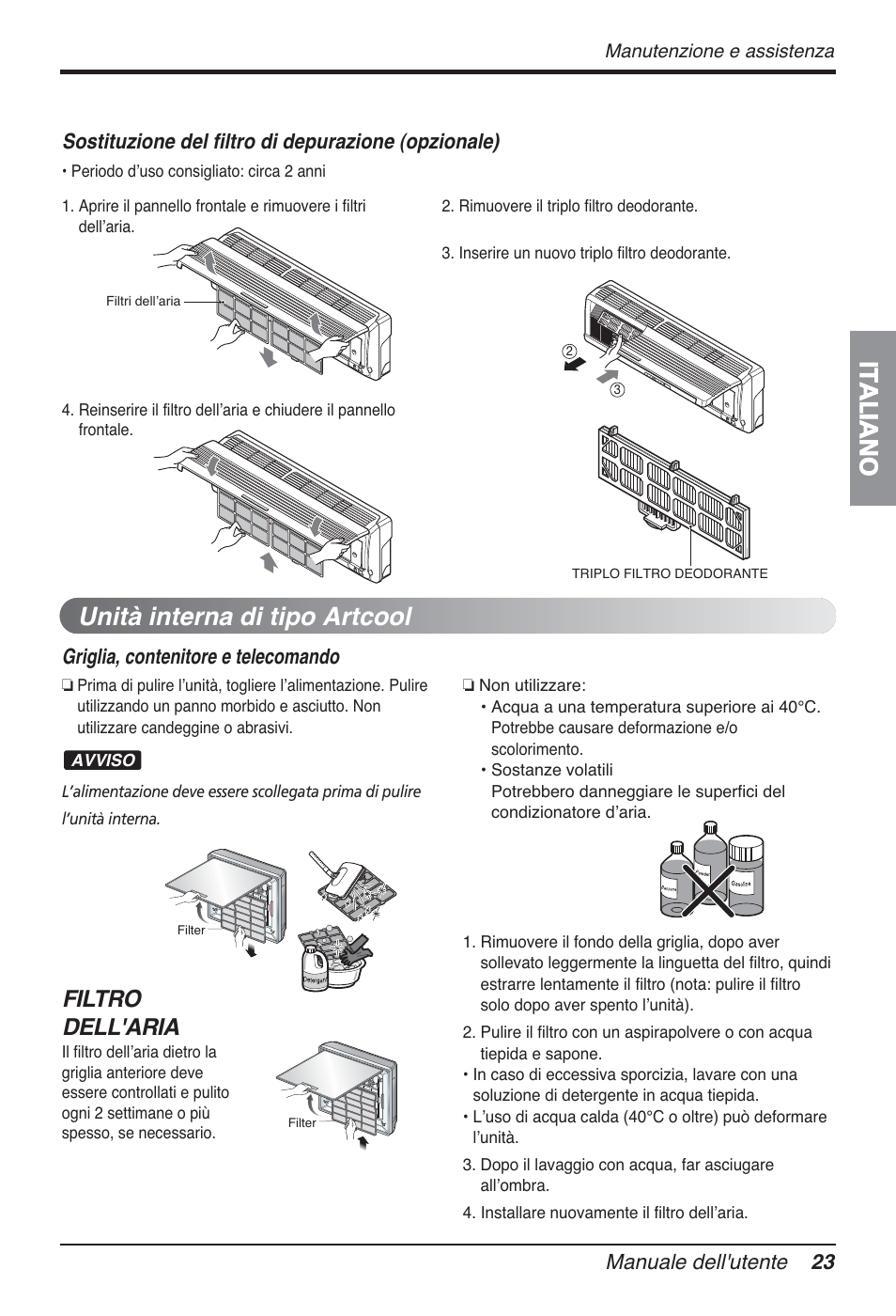 Italiano, Unità interna di tipo artcool, Filtro dell'aria | Manuale dell'utente 23, Griglia, contenitore e telecomando, Sostituzione del filtro di depurazione (opzionale) | LG FM15AH-UL3 User Manual | Page 51 / 147