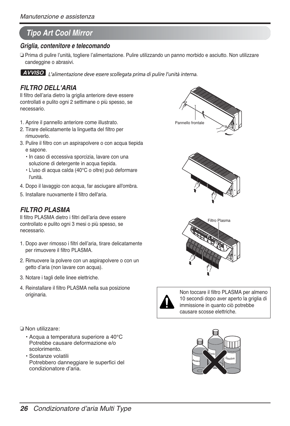 Tipo art cool mirror, 26 condizionatore dʼaria multi type, Griglia, contenitore e telecomando | Filtro dell'aria, Filtro plasma | LG FM15AH-UL3 User Manual | Page 54 / 147