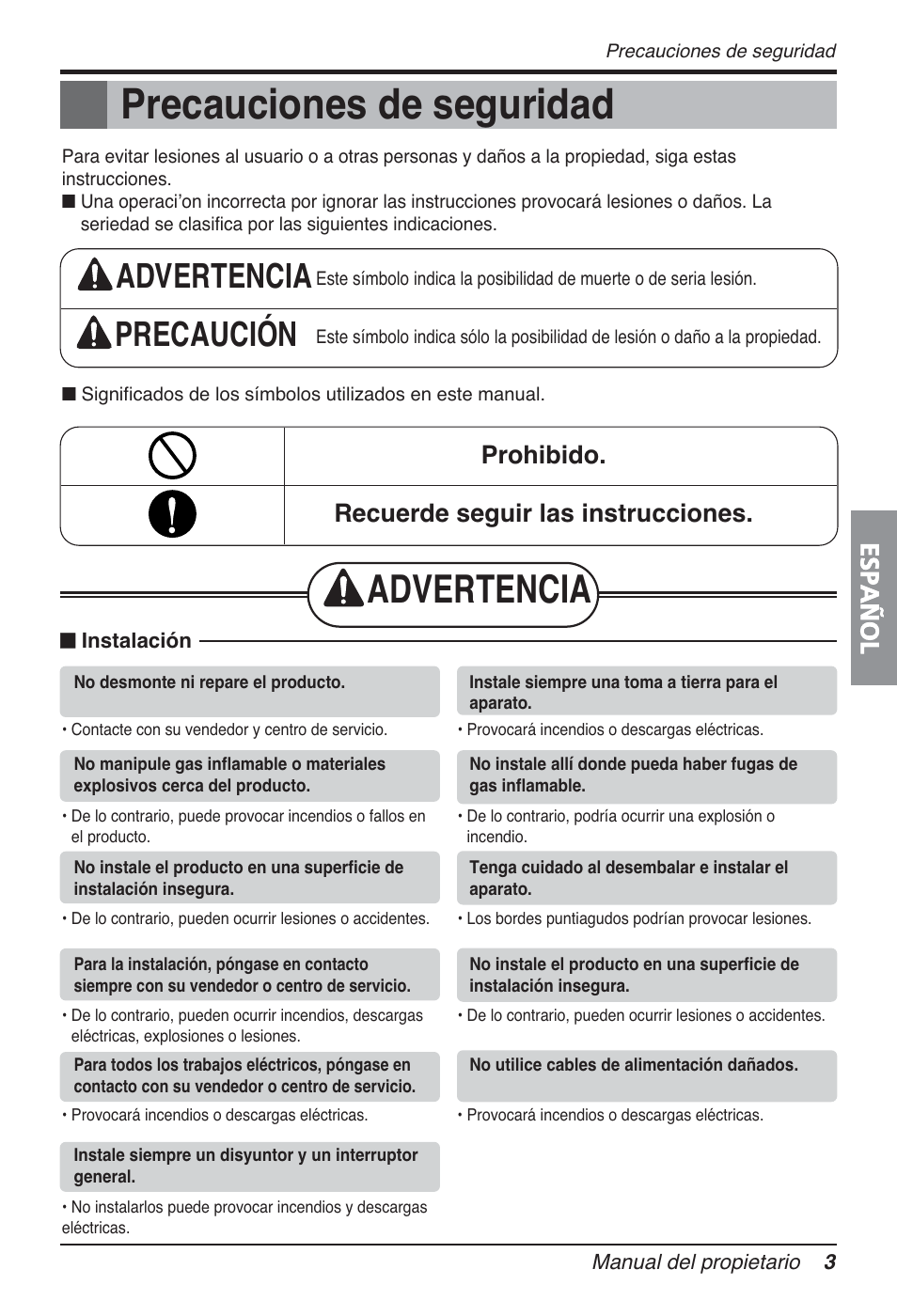 Precauciones de seguridad, Advertencia, Advertencia precaución | Español, Prohibido. recuerde seguir las instrucciones | LG FM15AH-UL3 User Manual | Page 59 / 147