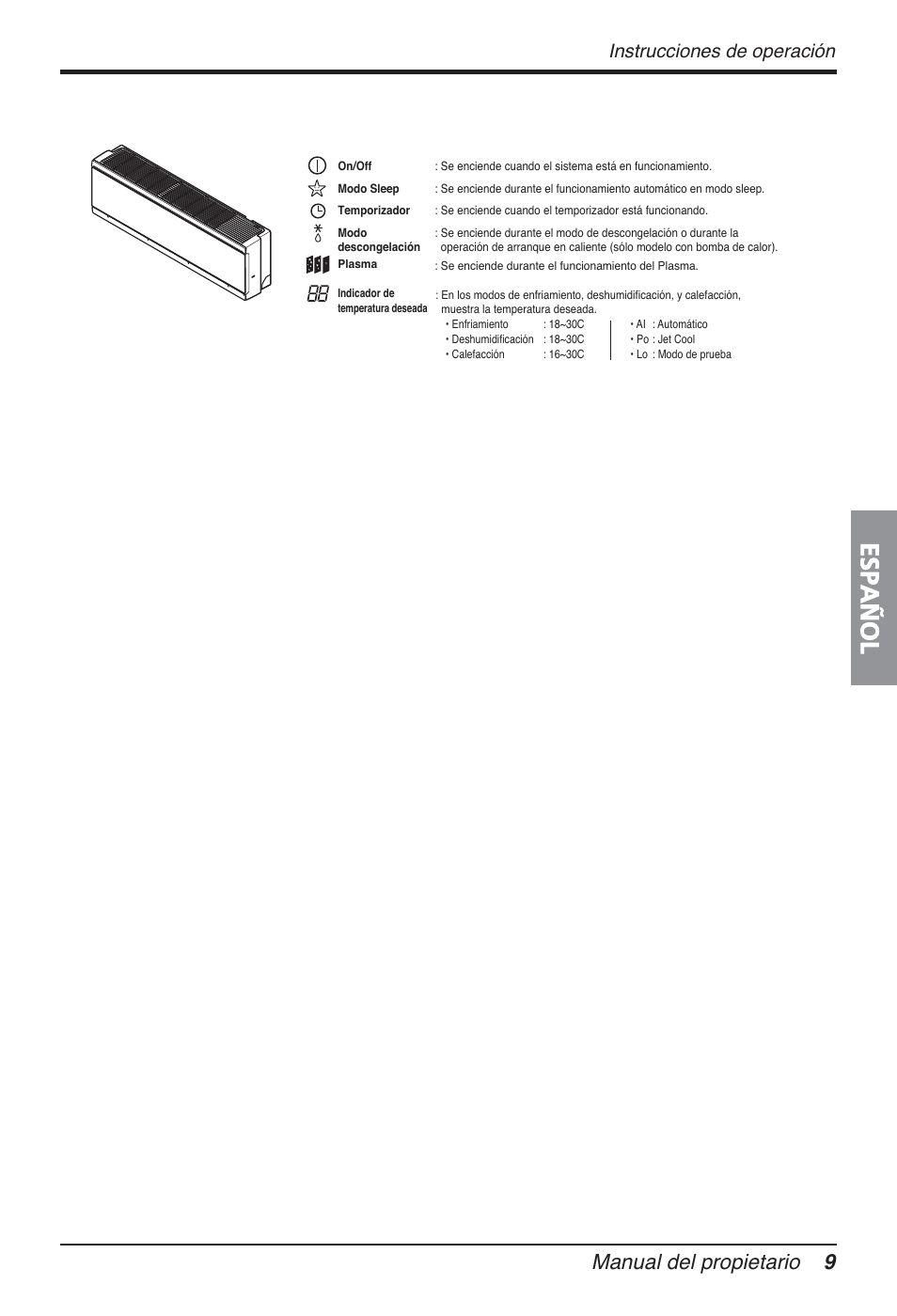Español, Manual del propietario 9, Instrucciones de operación | LG FM15AH-UL3 User Manual | Page 65 / 147