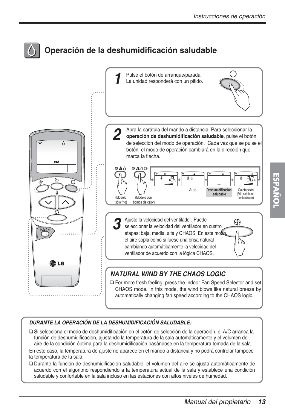 Español, Operación de la deshumidificación saludable | LG FM15AH-UL3 User Manual | Page 69 / 147