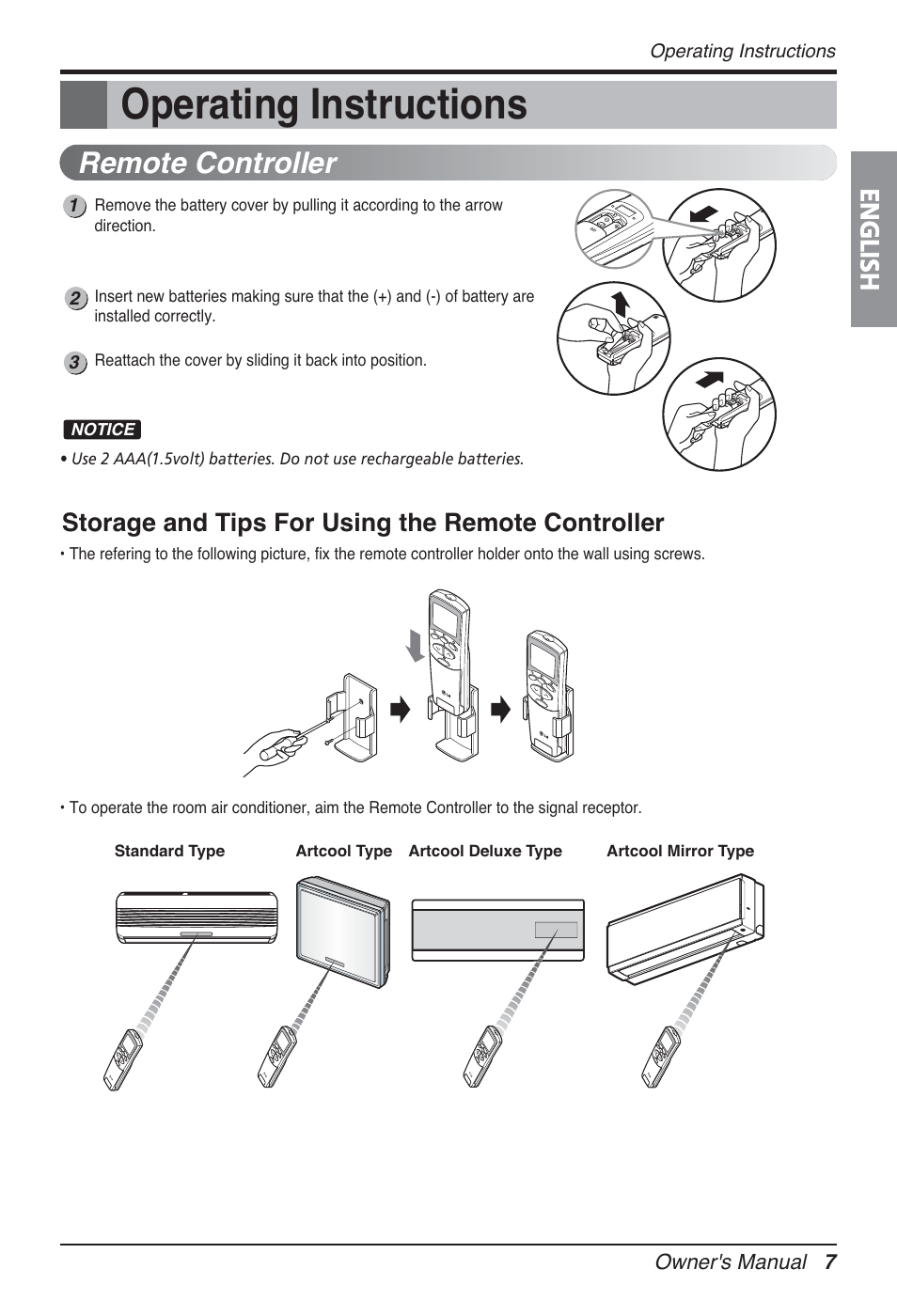 Operating instructions, Remote controller, English | Storage and tips for using the remote controller | LG FM15AH-UL3 User Manual | Page 7 / 147