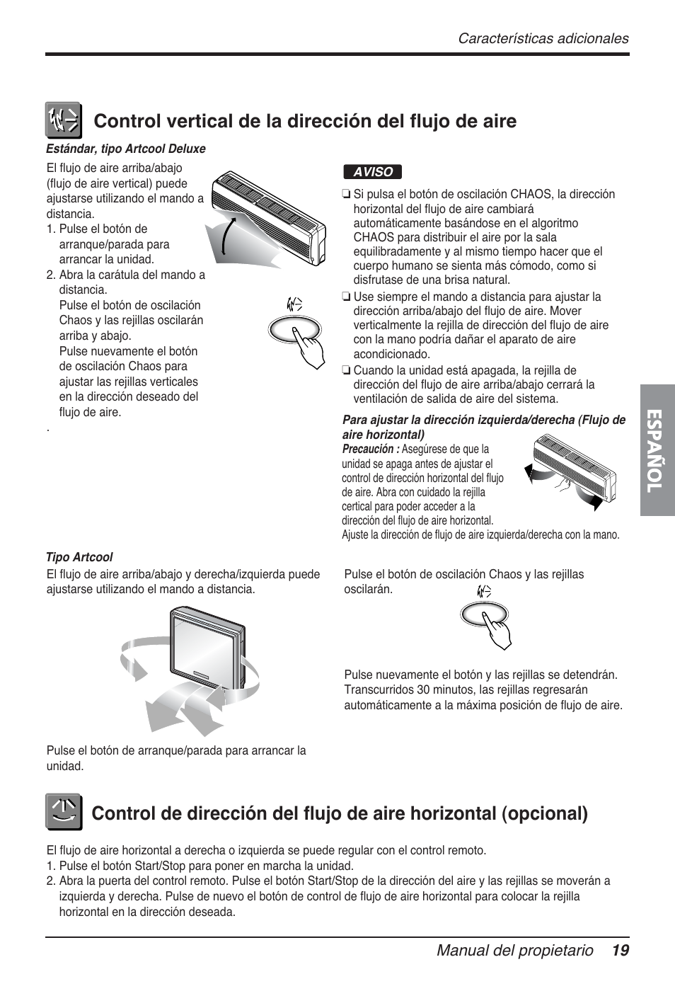 Español, Control vertical de la dirección del flujo de aire, Manual del propietario 19 | LG FM15AH-UL3 User Manual | Page 75 / 147