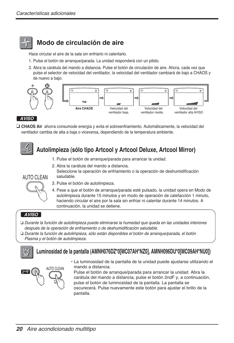 Modo de circulación de aire, Auto clean, 20 aire acondicionado multitipo | LG FM15AH-UL3 User Manual | Page 76 / 147