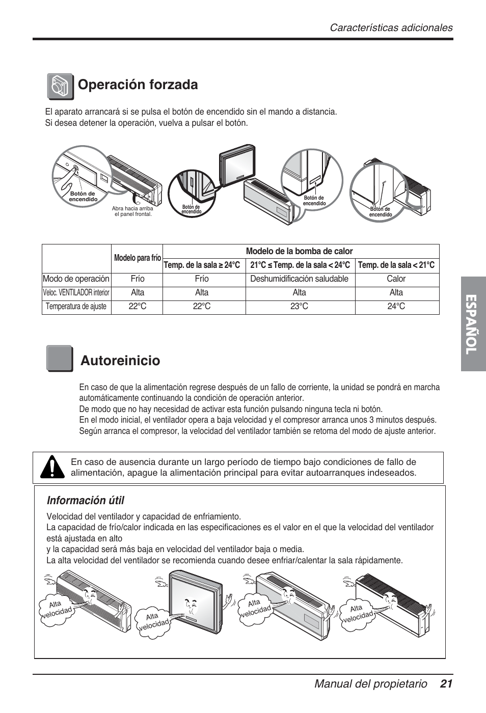 Español, Operación forzada autoreinicio, Manual del propietario 21 | Información útil, Características adicionales | LG FM15AH-UL3 User Manual | Page 77 / 147