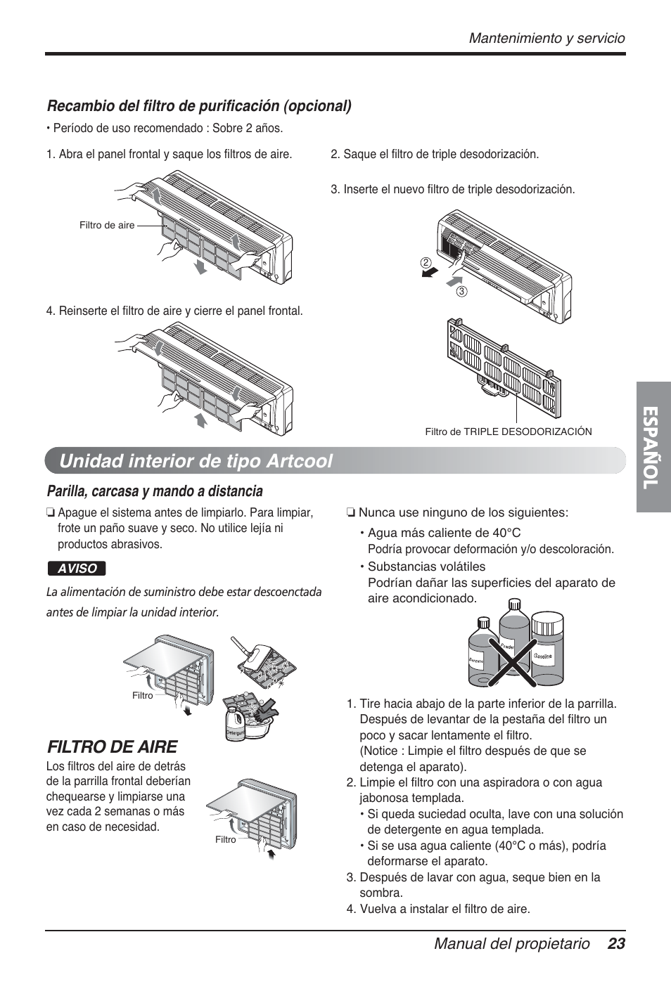 Español, Unidad interior de tipo artcool, Filtro de aire | Manual del propietario 23, Parilla, carcasa y mando a distancia, Recambio del filtro de purificación (opcional) | LG FM15AH-UL3 User Manual | Page 79 / 147