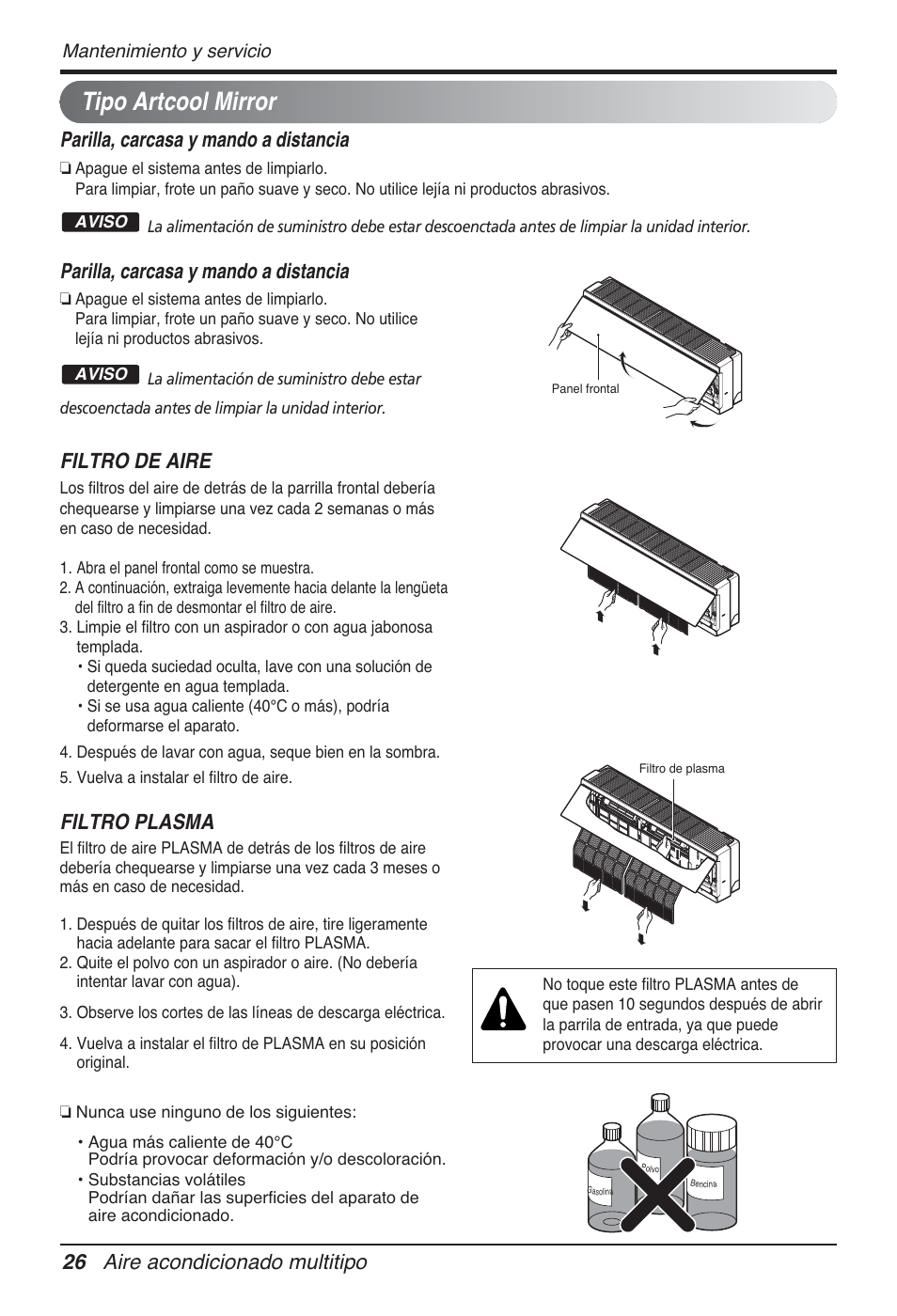 Tipo artcool mirror, 26 aire acondicionado multitipo, Parilla, carcasa y mando a distancia | Filtro de aire, Filtro plasma | LG FM15AH-UL3 User Manual | Page 82 / 147
