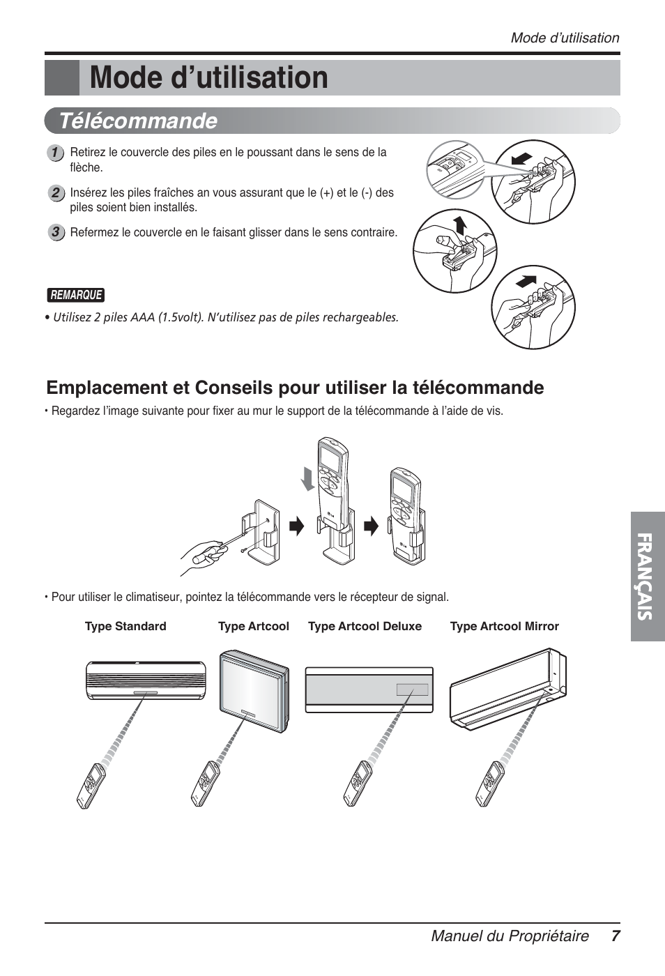 Mode dʼutilisation, Télécommande, Français | LG FM15AH-UL3 User Manual | Page 97 / 147
