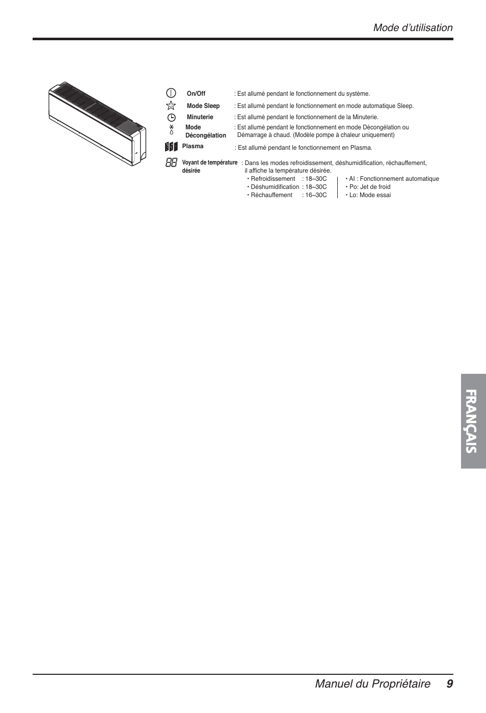 Français, Manuel du propriétaire 9, Mode dʼutilisation | LG FM15AH-UL3 User Manual | Page 99 / 147