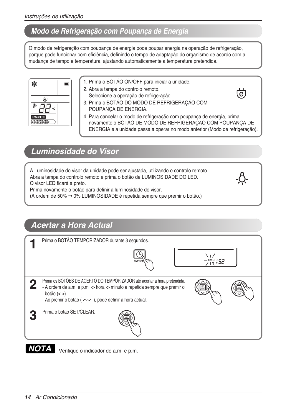 Nota, Modo de refrigeração com poupança de energia, Luminosidade do visor | Acertar a hora actual | LG CC07AWV User Manual | Page 134 / 381
