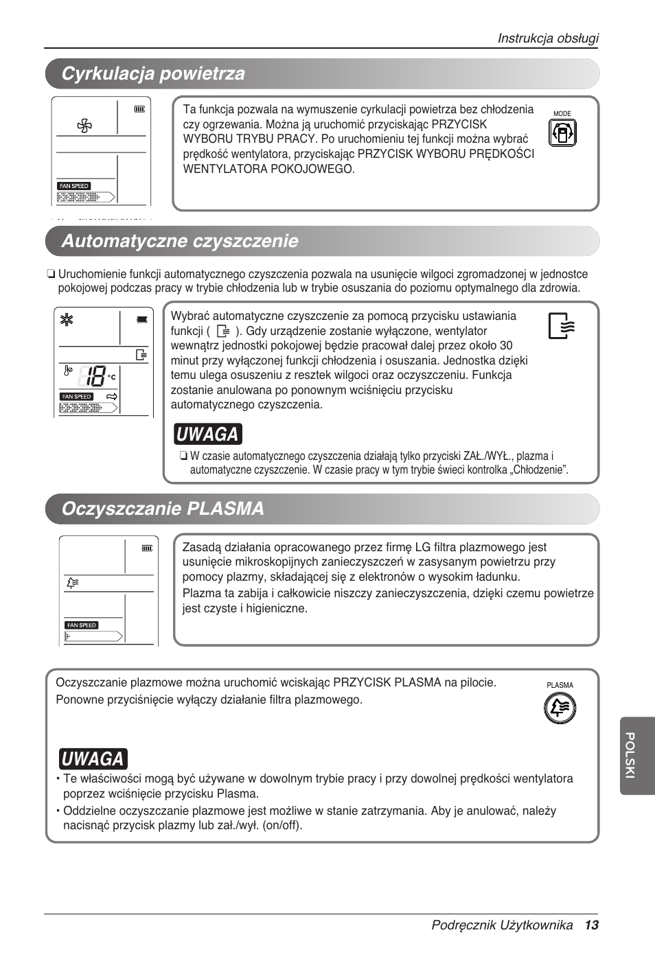 Uwaga, Automatyczne czyszczenie, Oczyszczanie plasma | Cyrkulacja powietrza | LG CC07AWV User Manual | Page 173 / 381