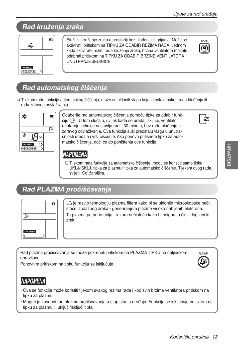 Napomena, Rad automatskog čišćenja, Rad plazma pročišćavanja | Rad kruženja zraka | LG CC07AWV User Manual | Page 293 / 381
