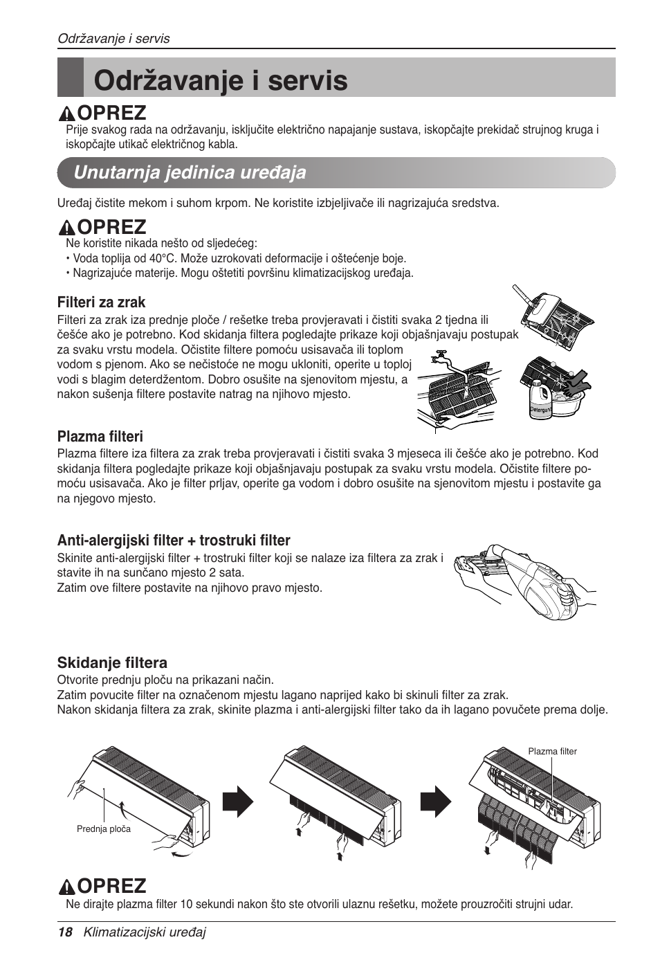 Održavanje i servis, Oprez, Unutarnja jedinica uređaja | LG CC07AWV User Manual | Page 298 / 381