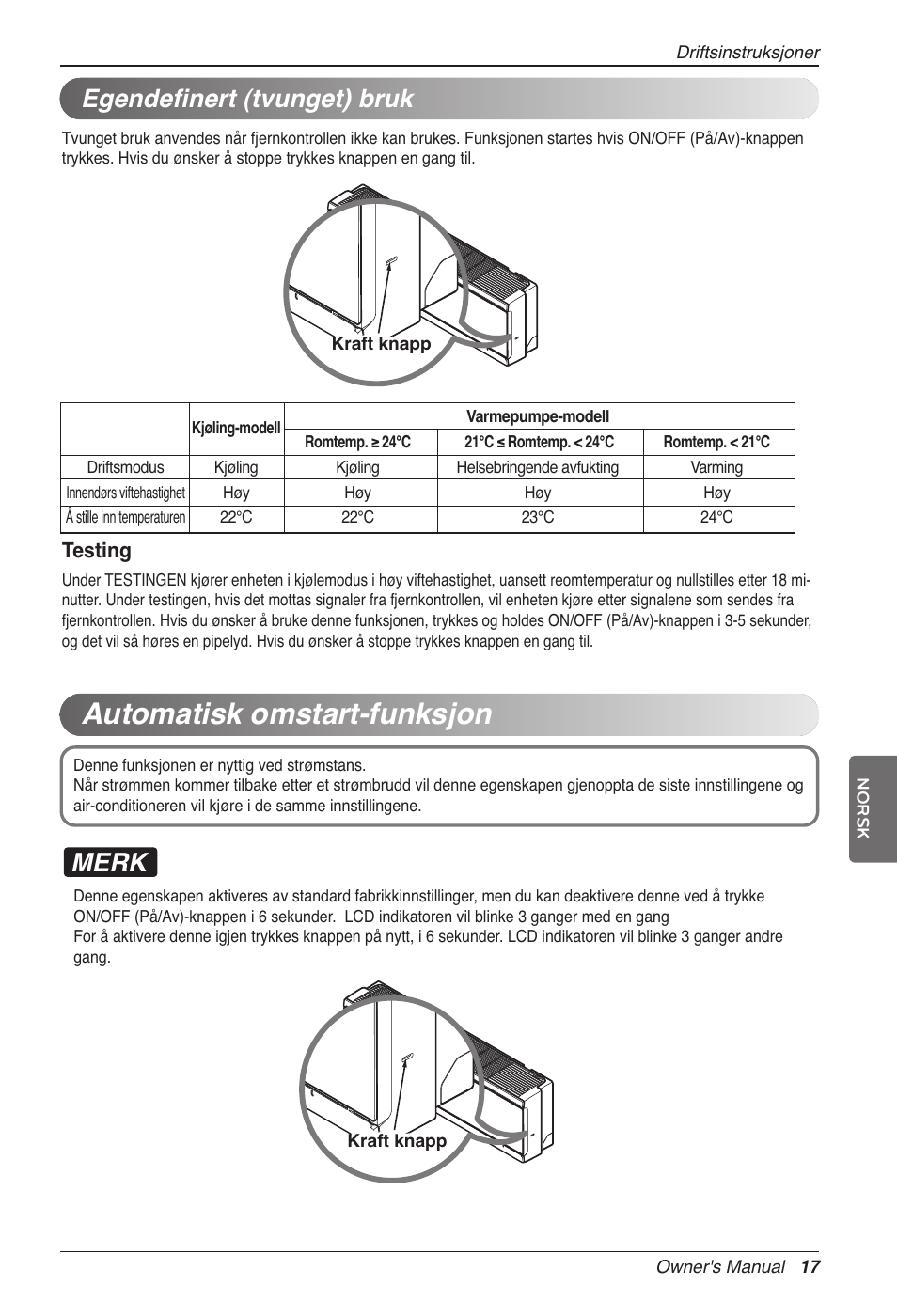 Automatisk omstart-funksjon, Merk, Egendefinert (tvunget) bruk | LG CC07AWV User Manual | Page 337 / 381
