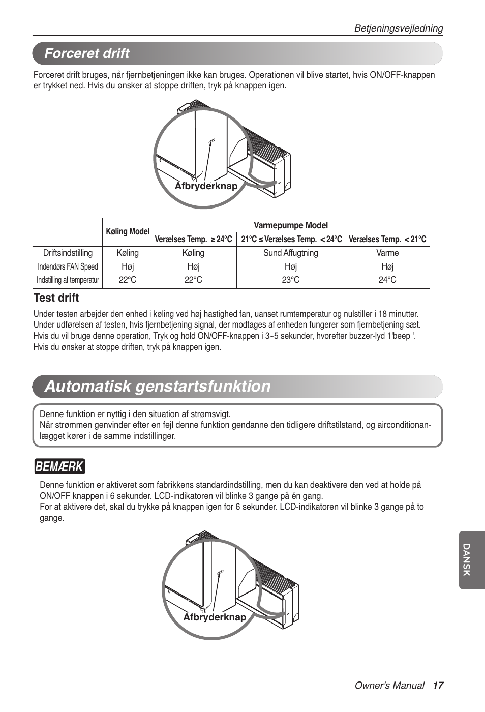 Automatisk genstartsfunktion, Bemærk, Forceret drift | LG CC07AWV User Manual | Page 377 / 381