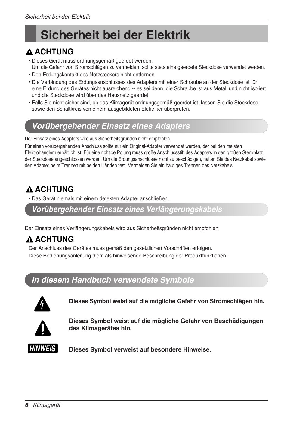 Sicherheit bei der elektrik, Achtung, Hinweis | LG CC07AWV User Manual | Page 86 / 381