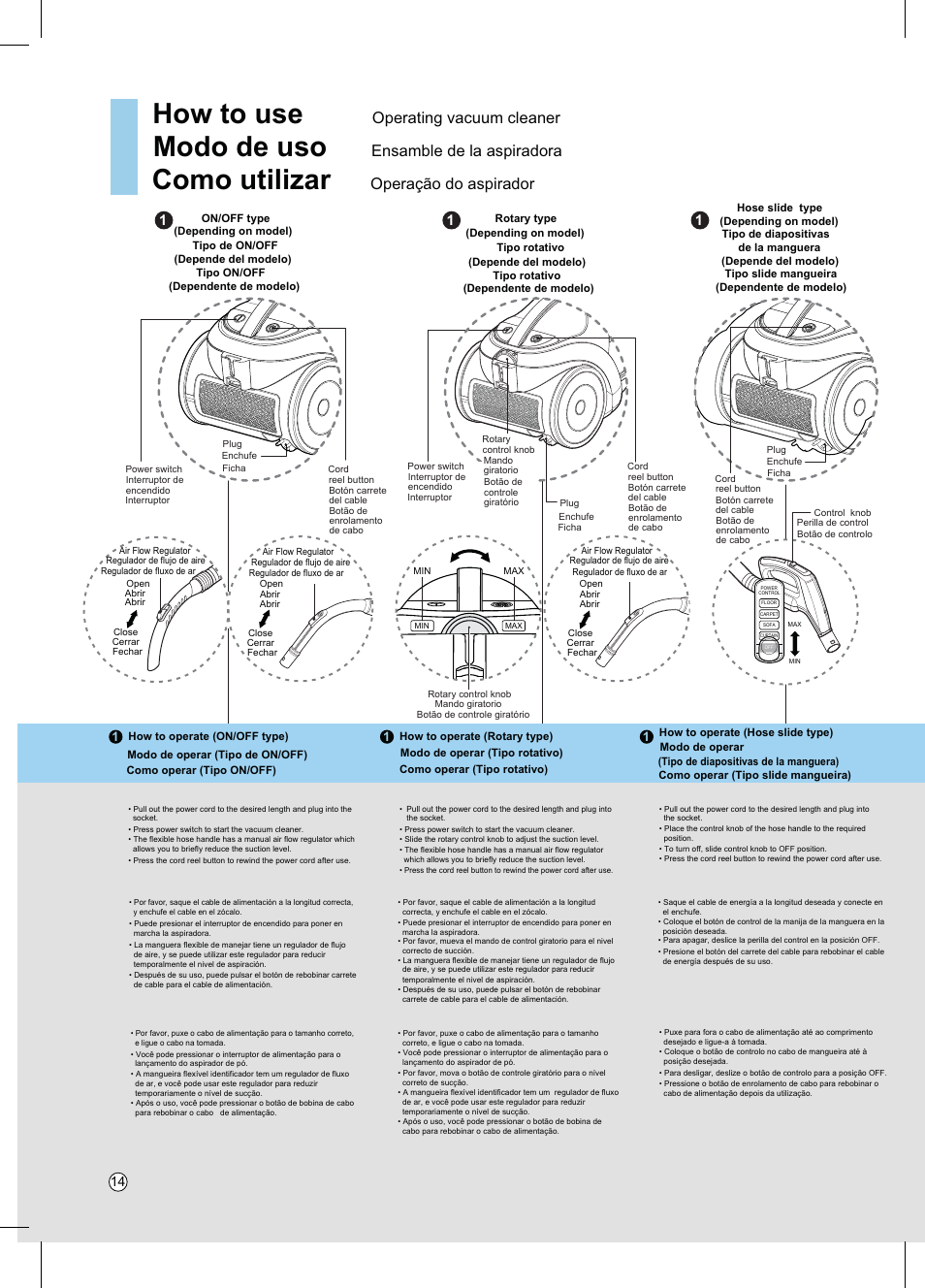 How to use, Modo de uso, Como utilizar | Operating vacuum cleaner, Ensamble de la aspiradora, Operação do aspirador | LG VC4918NNTQ User Manual | Page 15 / 27