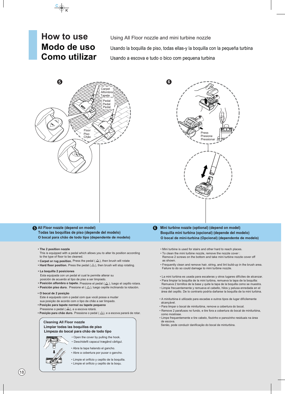 How to use, Modo de uso, Como utilizar | Using all floor nozzle and mini turbine nozzle, Usando a escova e tudo o bico com pequena turbina | LG VC4918NNTQ User Manual | Page 19 / 27