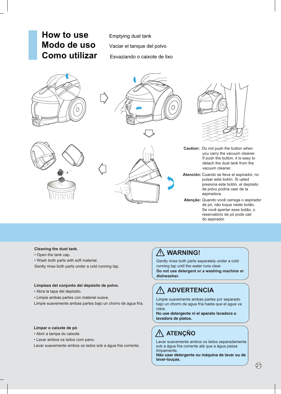 How to use, Modo de uso, Como utilizar | Warning, Advertencia, Atençño | LG VC4918NNTQ User Manual | Page 22 / 27