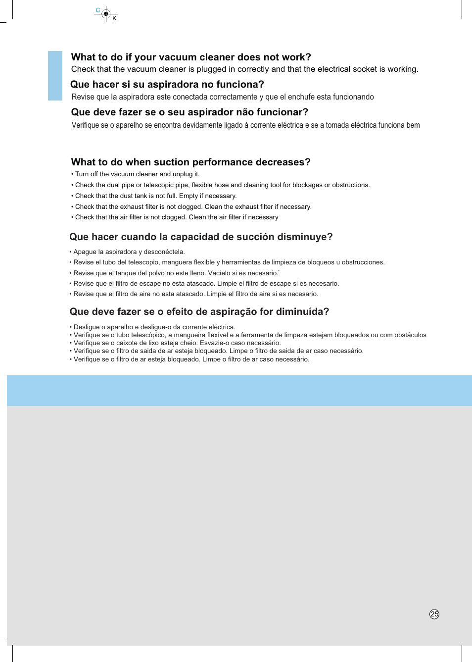 What to do if your vacuum cleaner does not work, What to do when suction performance decreases, Que hacer si su aspiradora no funciona | Que hacer cuando la capacidad de succión disminuye, Que deve fazer se o seu aspirador não funcionar | LG VC4918NNTQ User Manual | Page 26 / 27