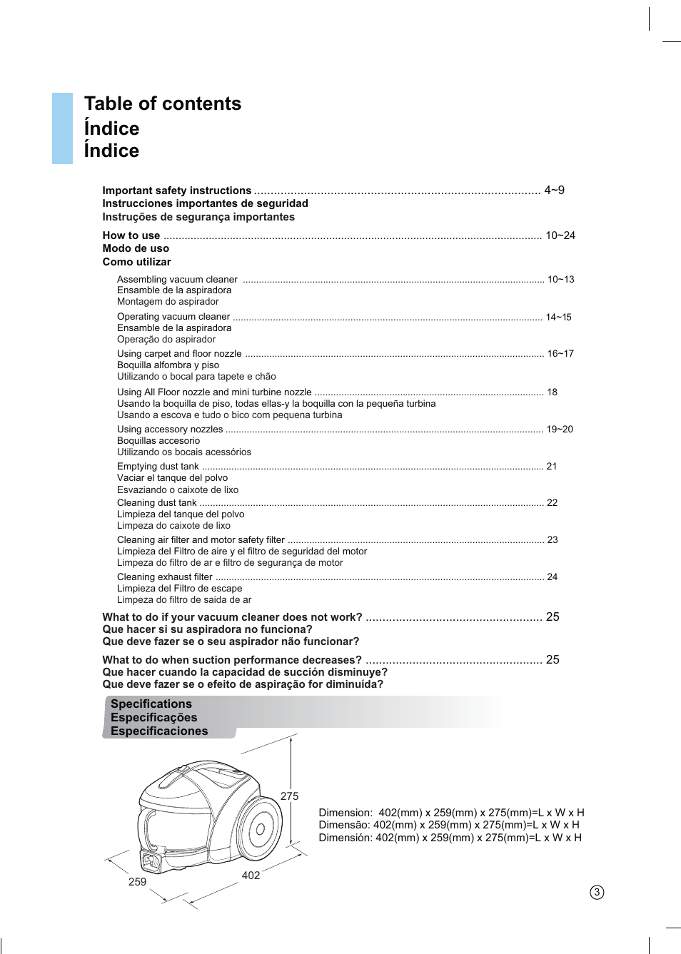 Table of contents índice, Índice | LG VC4918NNTQ User Manual | Page 4 / 27