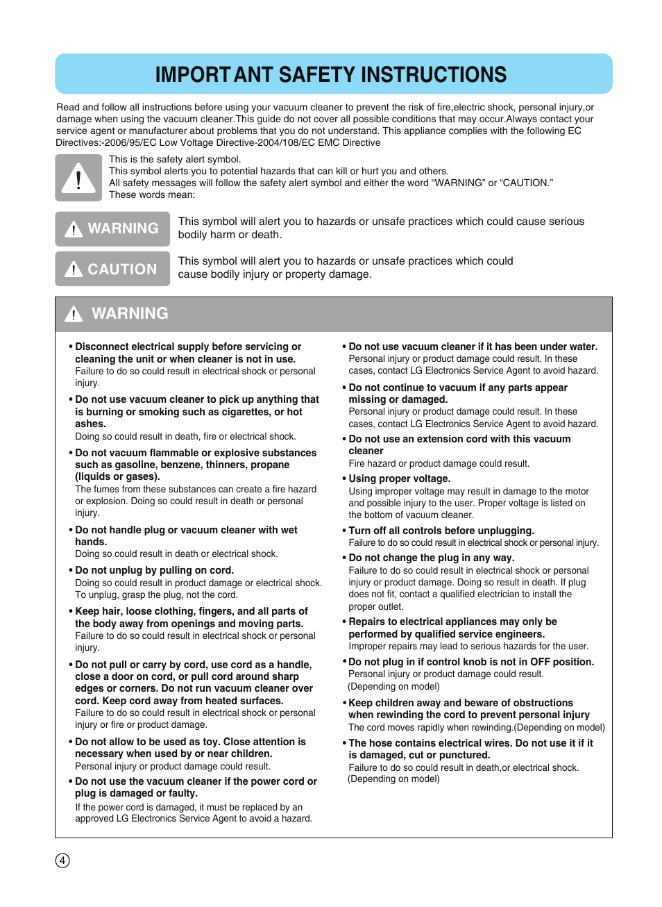Important safety instructions, Warning, Caution | LG VC4918NNTQ User Manual | Page 5 / 27