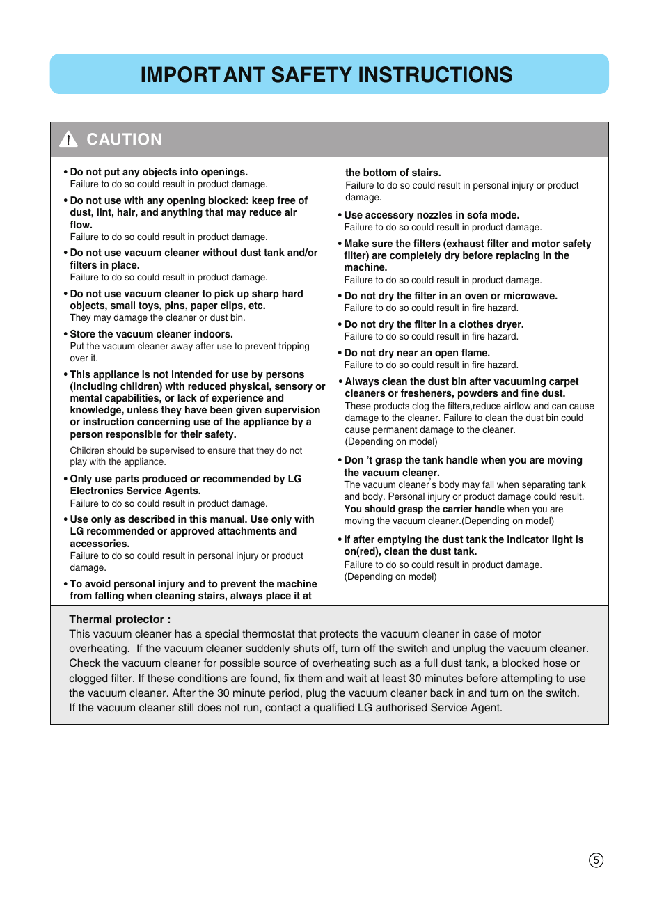 Important safety instructions, Caution | LG VC4918NNTQ User Manual | Page 6 / 27