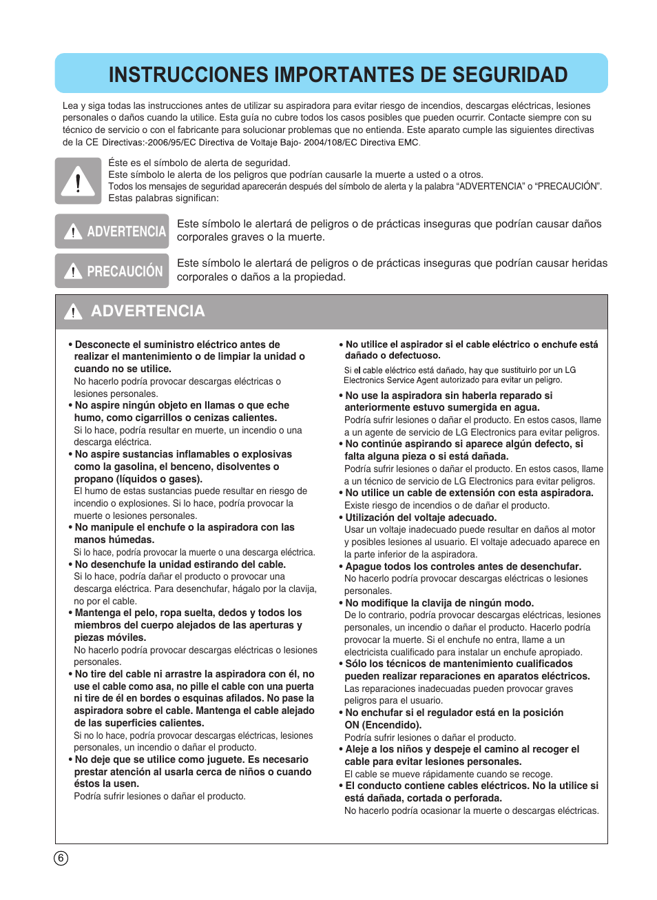 Instrucciones importantes de seguridad, Advertencia, Precaución | LG VC4918NNTQ User Manual | Page 7 / 27