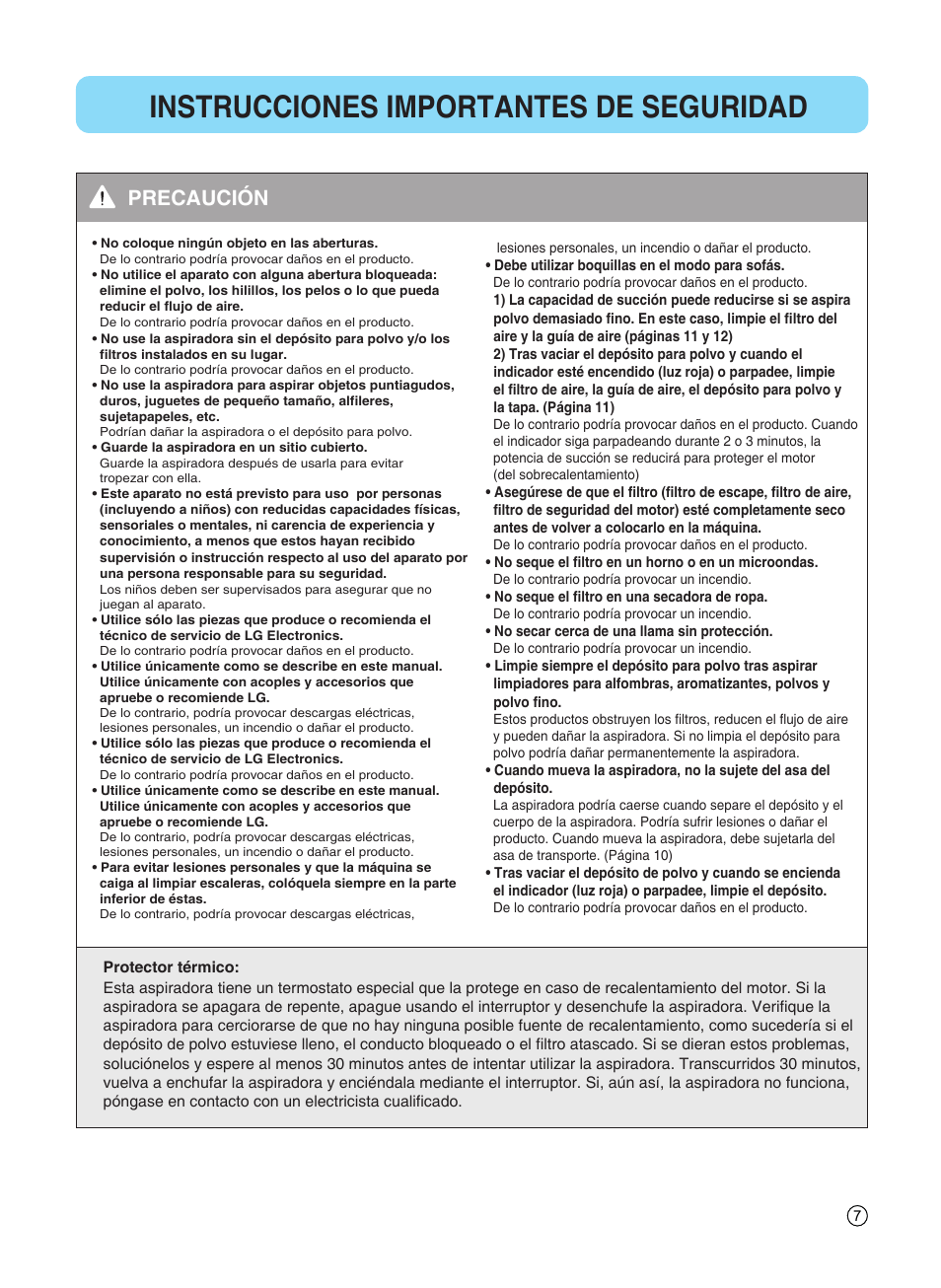 Instrucciones importantes de seguridad, Precaución | LG VC4918NNTQ User Manual | Page 8 / 27