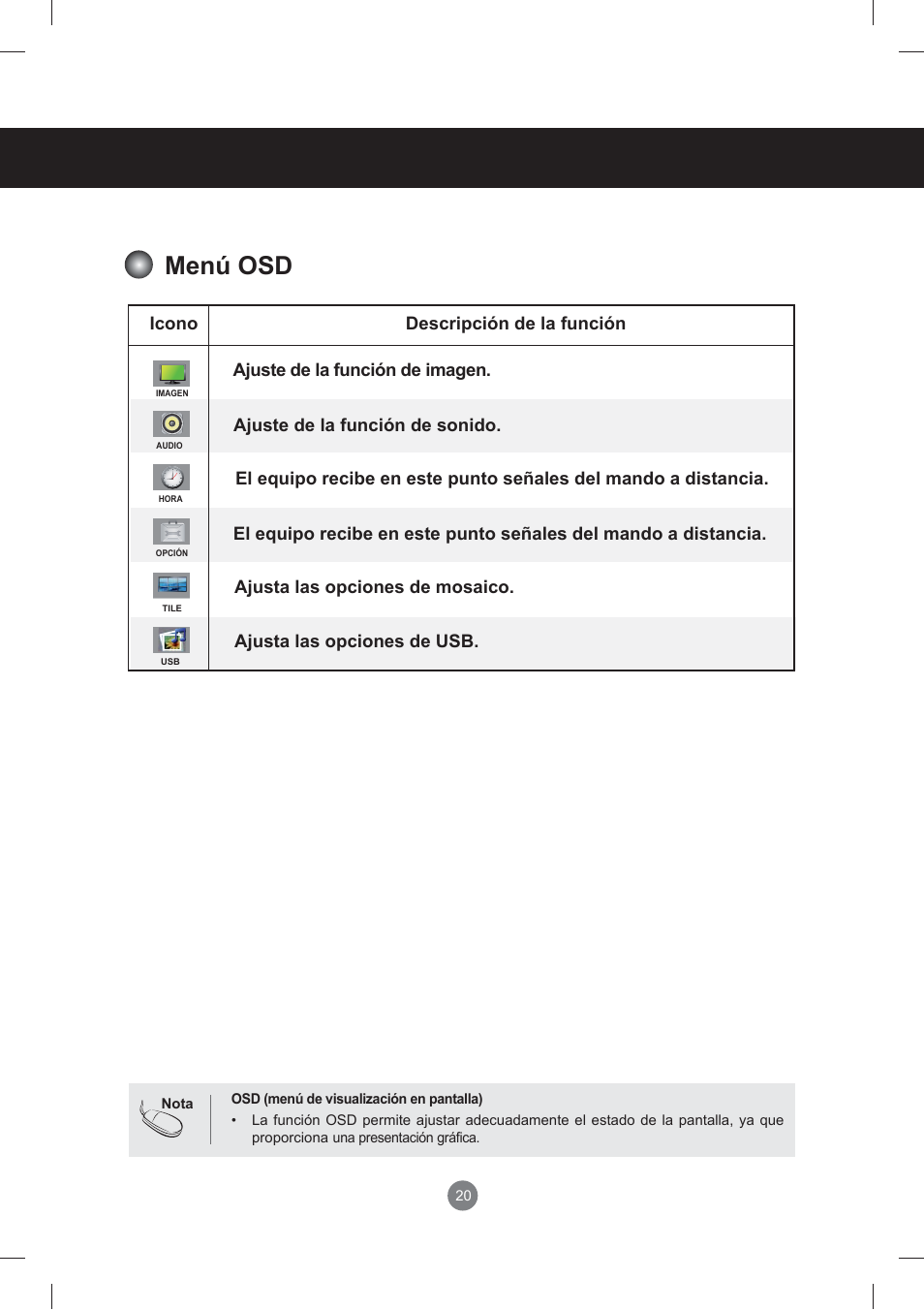 Menú osd, Menú de usuario | LG monitor-M3704CCBA User Manual | Page 20 / 88