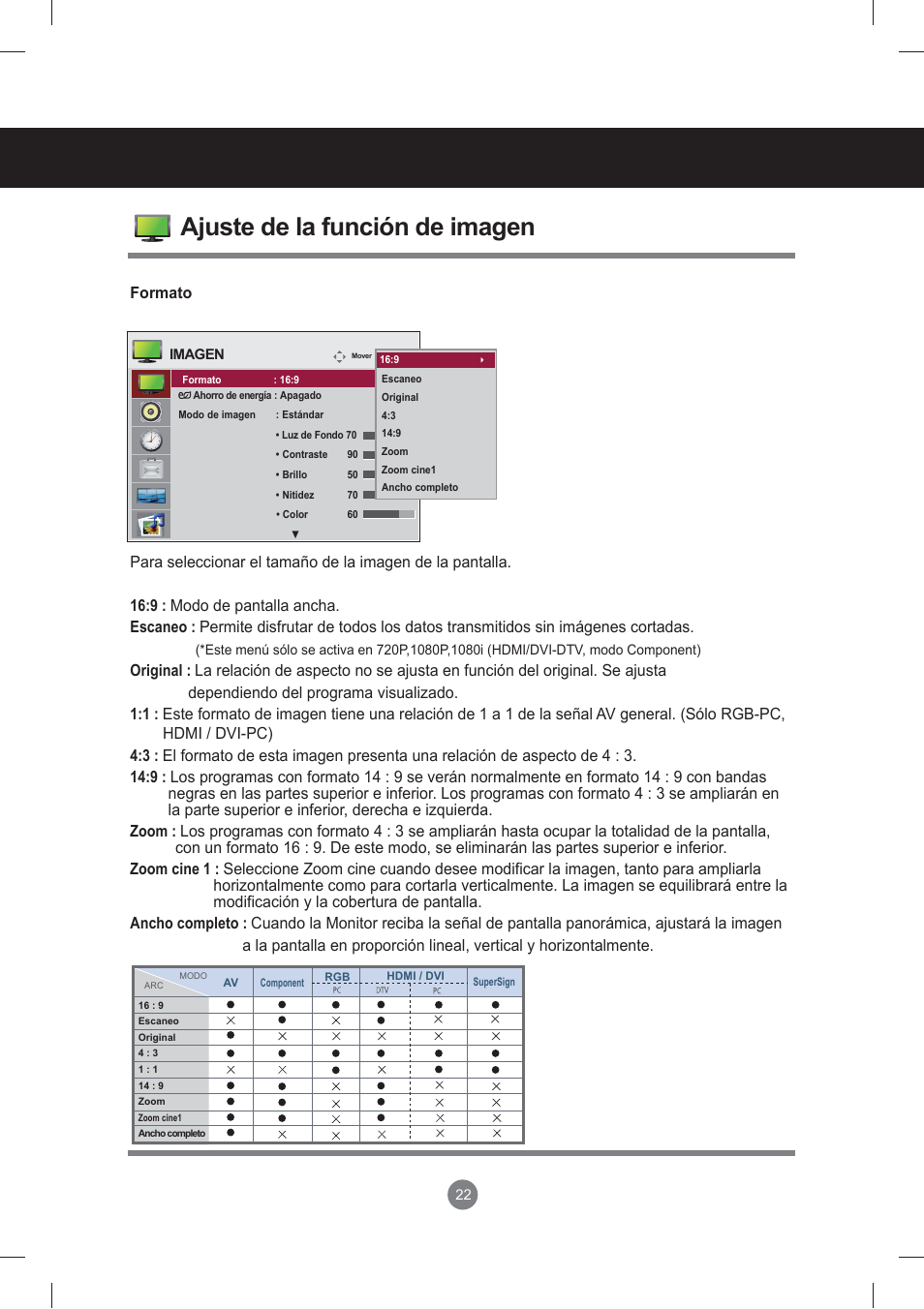 Ajuste de la función de imagen, Menú de usuario | LG monitor-M3704CCBA User Manual | Page 22 / 88