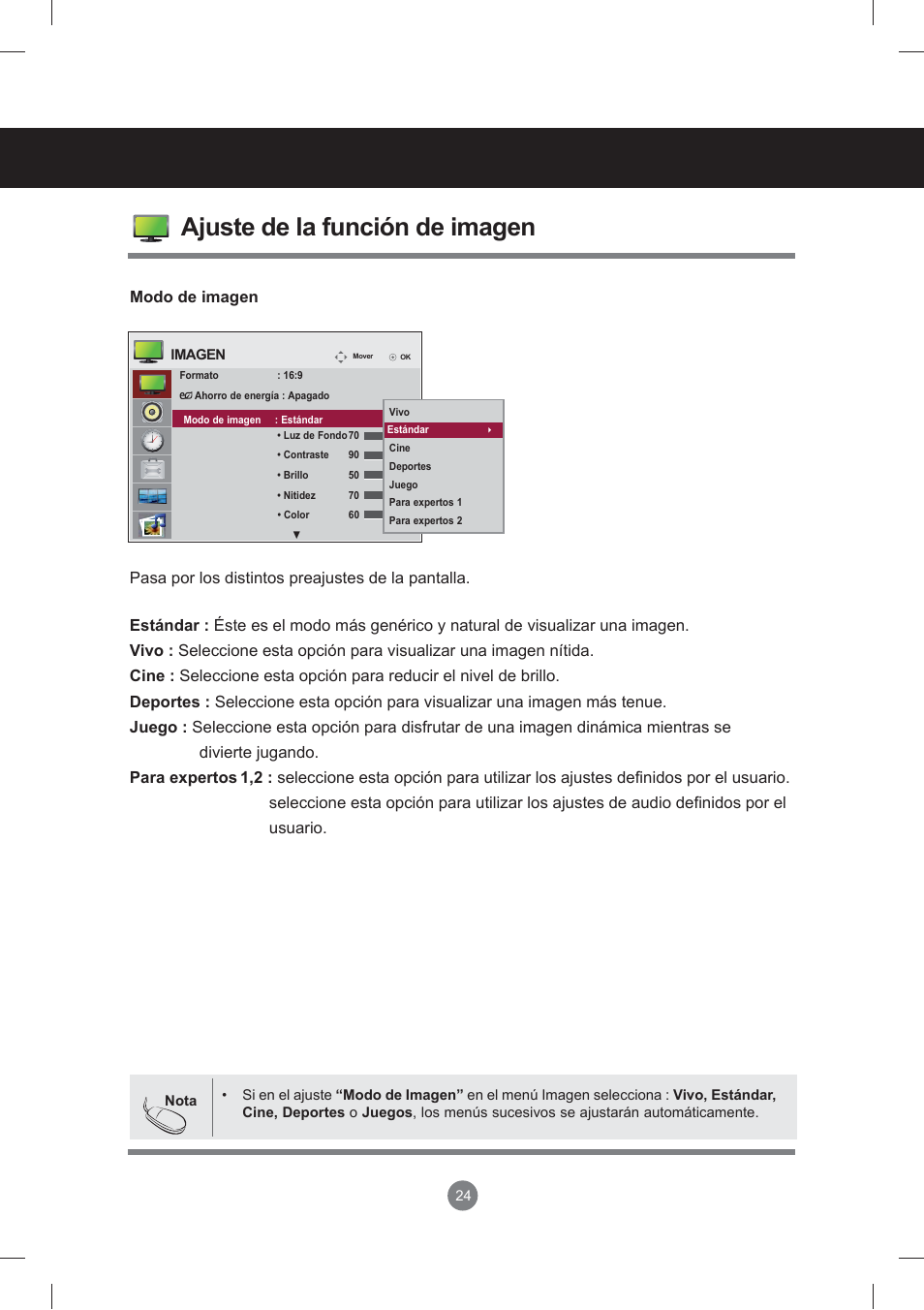Menú de usuario, Ajuste de la función de imagen | LG monitor-M3704CCBA User Manual | Page 24 / 88