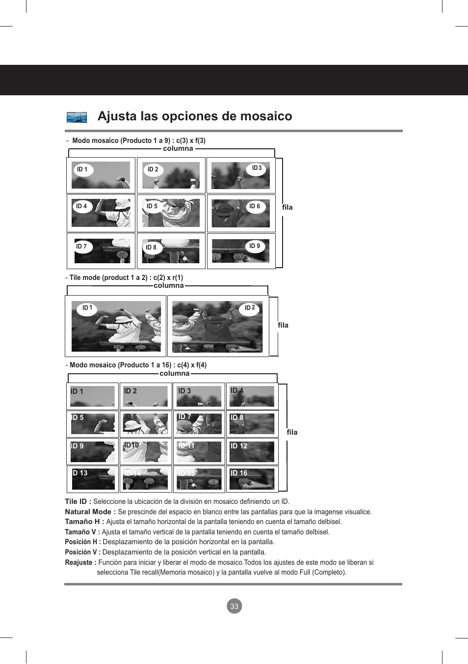 Menú de usuario, Ajusta las opciones de mosaico | LG monitor-M3704CCBA User Manual | Page 33 / 88