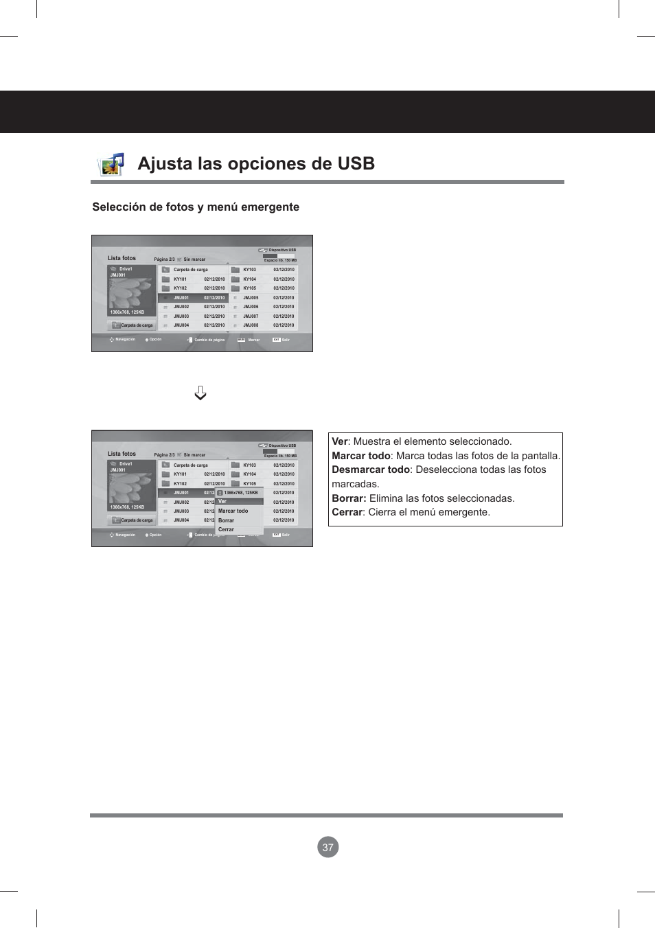 Menú de usuario, Ajusta las opciones de usb, Selección de fotos y menú emergente | LG monitor-M3704CCBA User Manual | Page 37 / 88