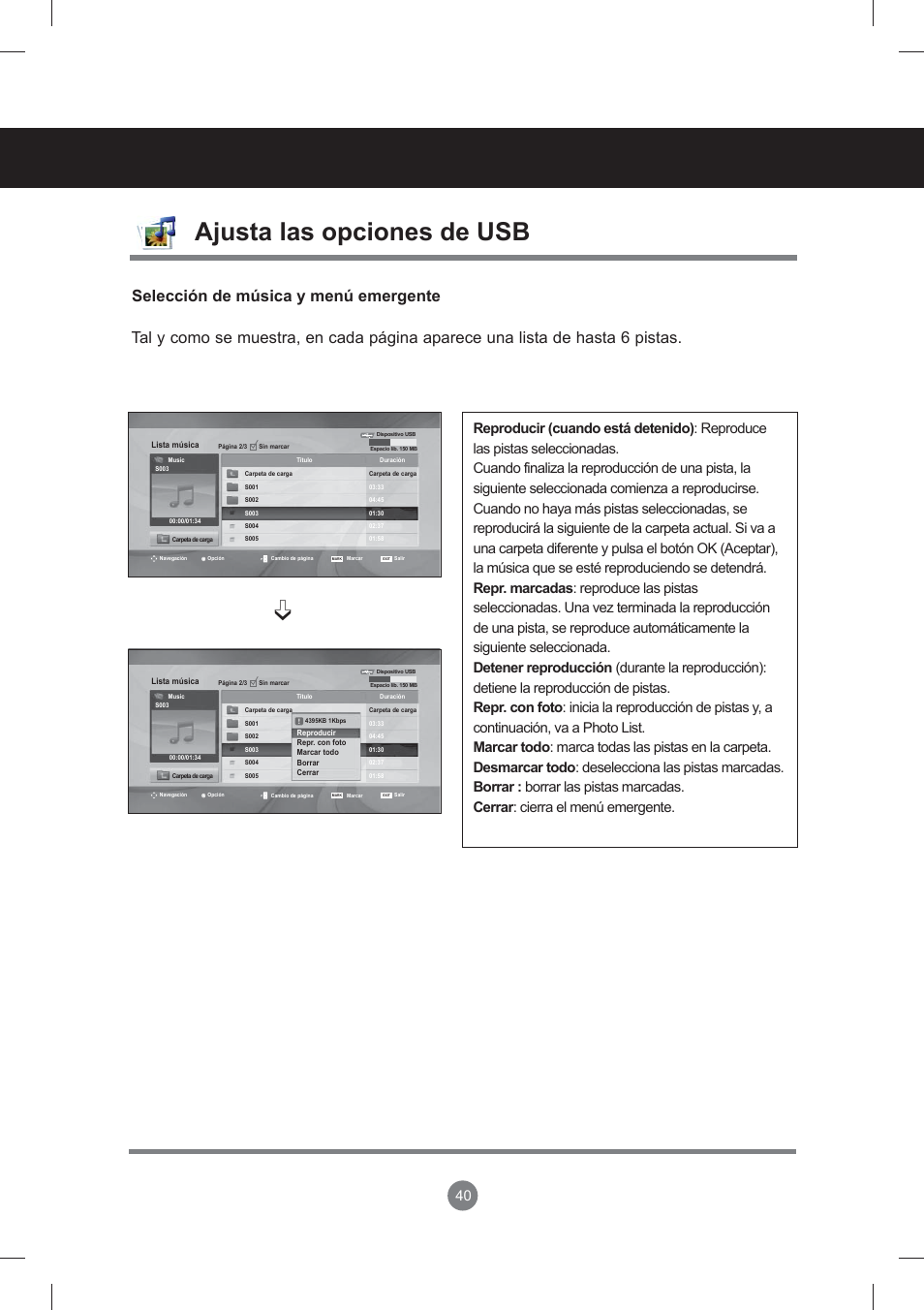 Menú de usuario, Ajusta las opciones de usb | LG monitor-M3704CCBA User Manual | Page 40 / 88