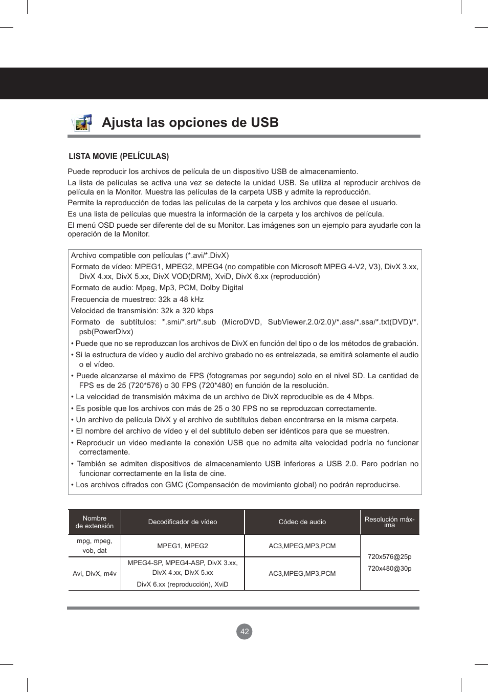 Menú de usuario, Ajusta las opciones de usb | LG monitor-M3704CCBA User Manual | Page 42 / 88