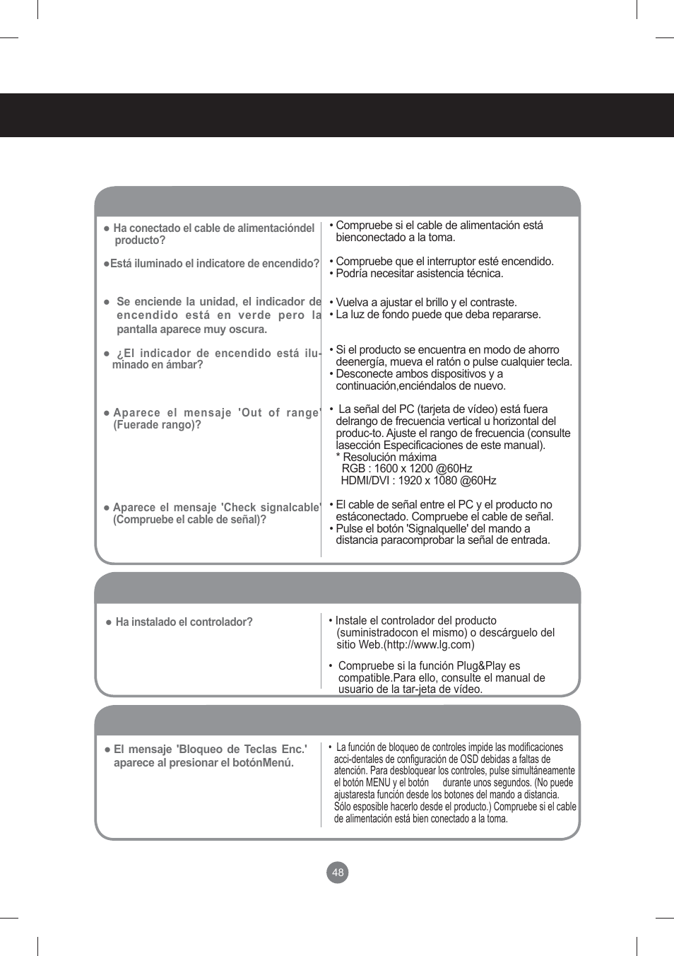 Solución de problemas, No aparece ninguna imagen | LG monitor-M3704CCBA User Manual | Page 48 / 88