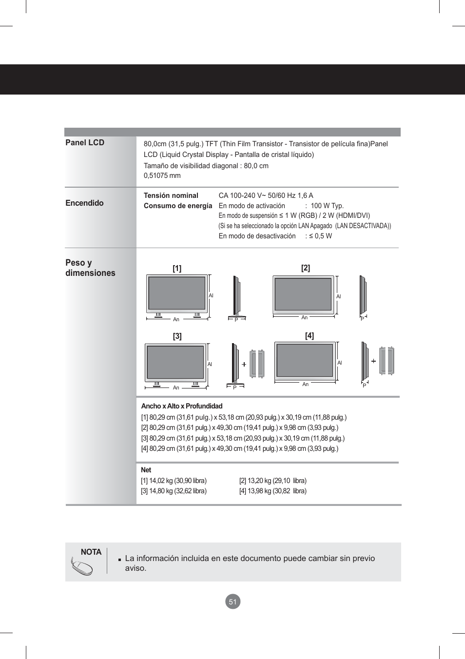 Especificaciones, Especificaciones 51, Especifi caciones | Peso y dimensiones | LG monitor-M3704CCBA User Manual | Page 51 / 88