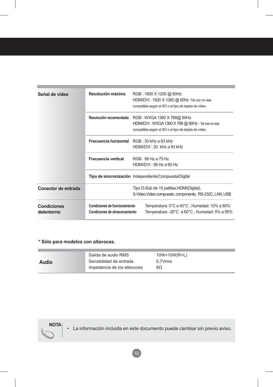 Especifi caciones | LG monitor-M3704CCBA User Manual | Page 52 / 88