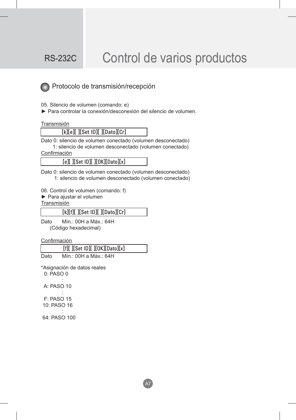 Control de varios productos, Rs-232c, Protocolo de transmisión/recepción | LG monitor-M3704CCBA User Manual | Page 60 / 88