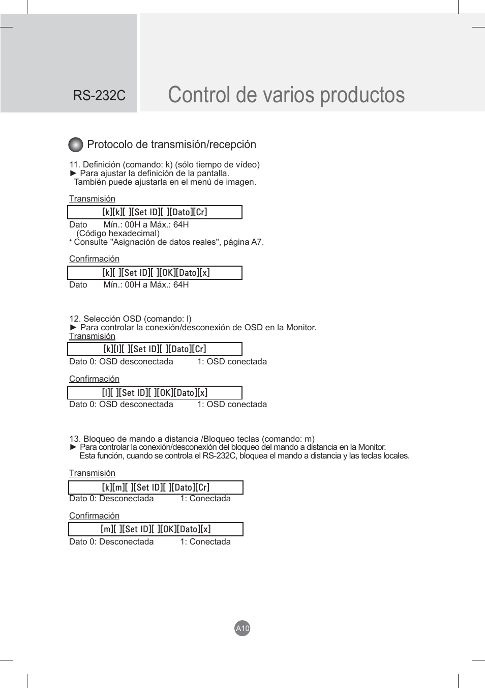 Control de varios productos, Rs-232c, Protocolo de transmisión/recepción | LG monitor-M3704CCBA User Manual | Page 63 / 88