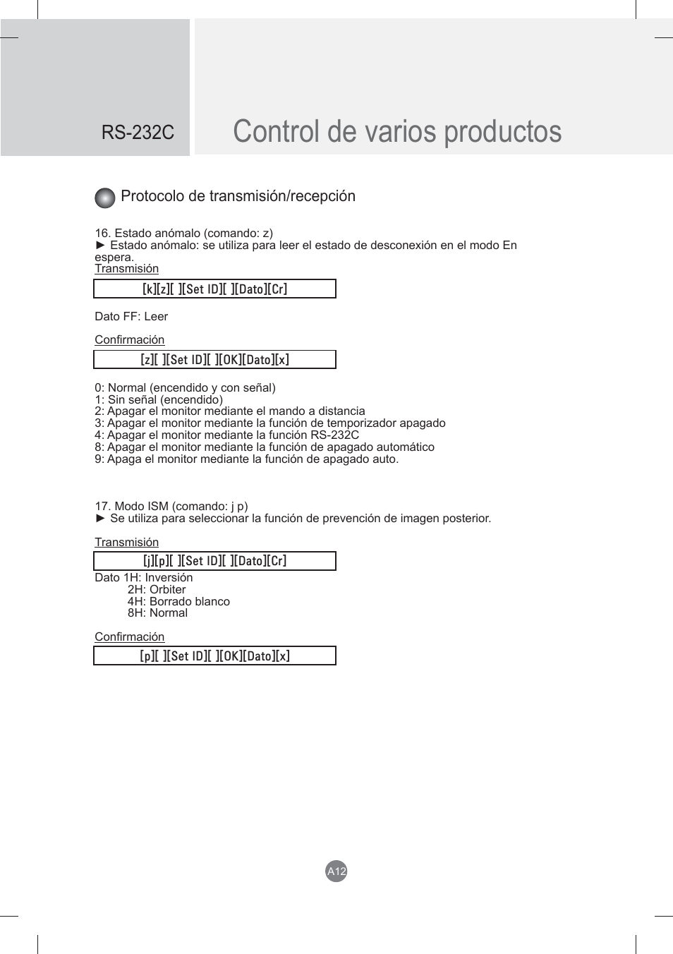 Control de varios productos, Rs-232c, Protocolo de transmisión/recepción | LG monitor-M3704CCBA User Manual | Page 65 / 88