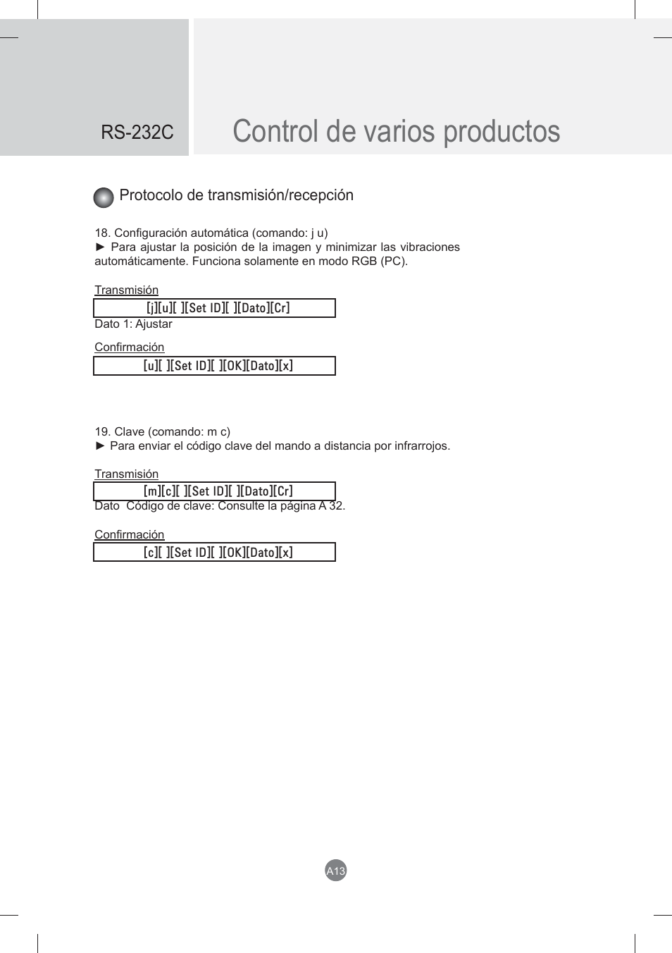 Control de varios productos, Rs-232c, Protocolo de transmisión/recepción | LG monitor-M3704CCBA User Manual | Page 66 / 88