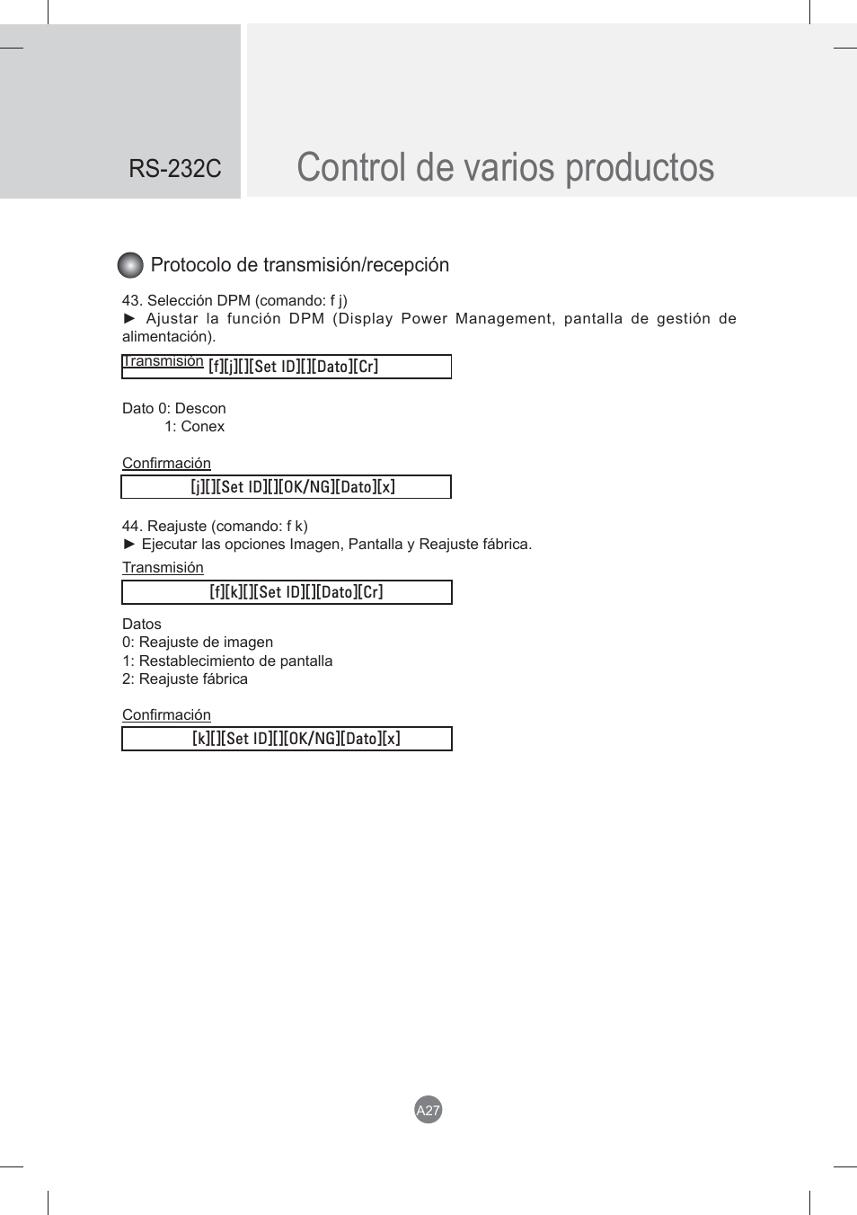 Control de varios productos, Rs-232c | LG monitor-M3704CCBA User Manual | Page 80 / 88