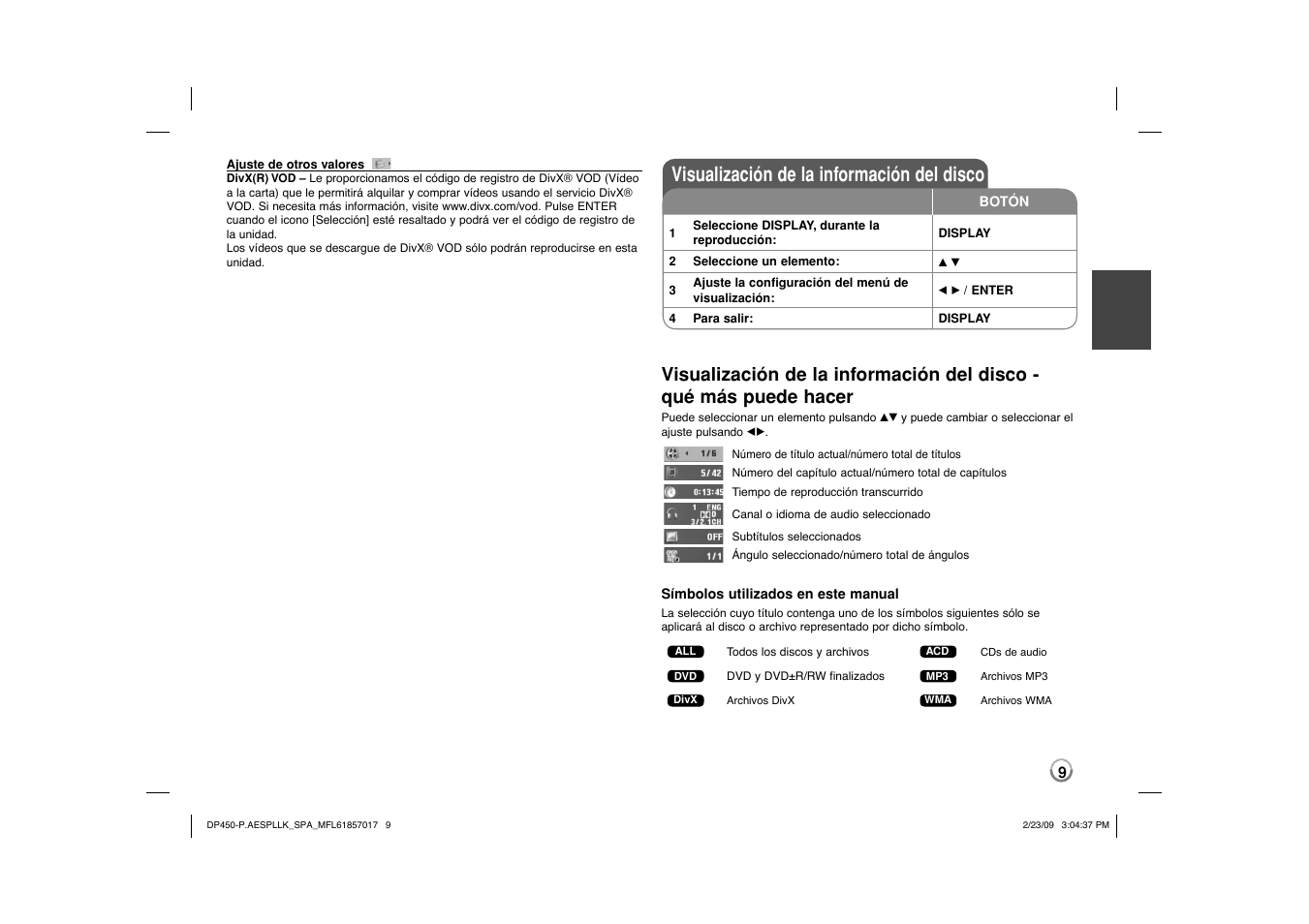 Visualización de la información del disco | LG DP450 User Manual | Page 23 / 70